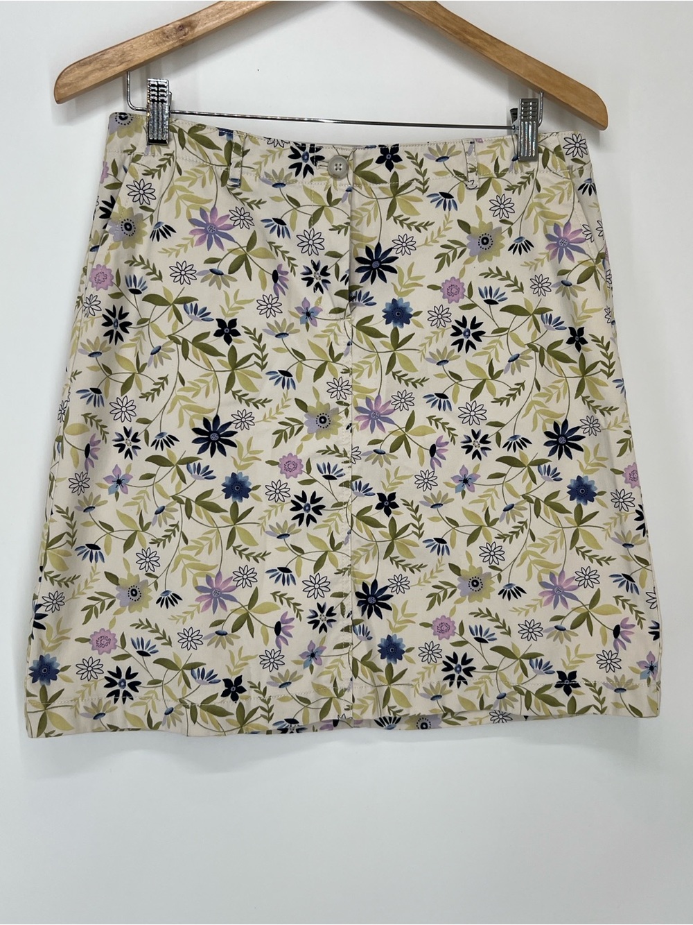 J. Jill Live -In Chino Cream β Skirt with Green Leaves and Purple & Navy Flowers